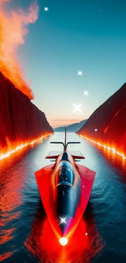 Futuristic wallpaper featuring a sleek speedboat on a vibrant waterway.