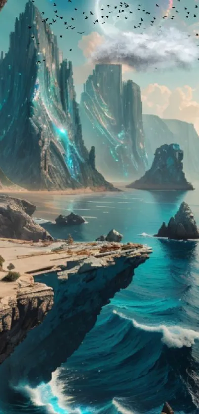 Futuristic cliffs over a teal ocean with crashing waves.