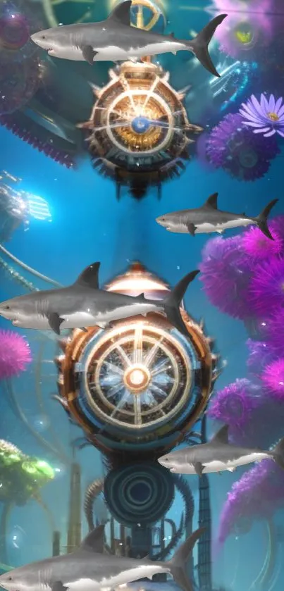 Futuristic underwater wallpaper with sharks and vibrant flowers.