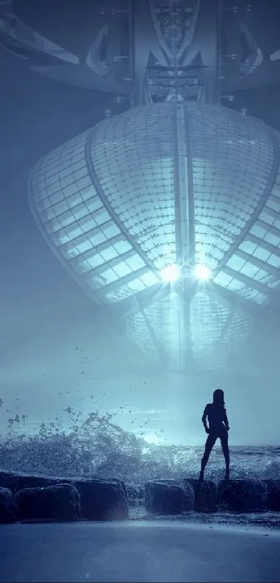 Futuristic ocean scene with illuminated structure and lone figure on shore.
