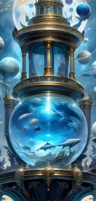 Futuristic fantasy wallpaper with oceanic and cosmic elements.