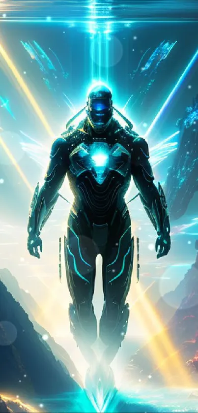 A futuristic armored figure emerging from the ocean with neon lights.