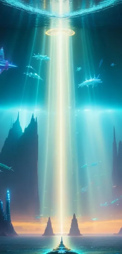 A futuristic ocean kingdom with glowing beams and fantasy creatures.