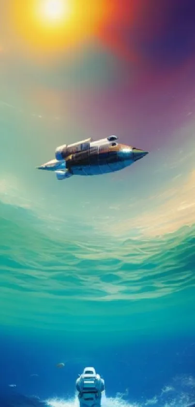 Futuristic spaceship over a vibrant ocean with sunlight in the sky.