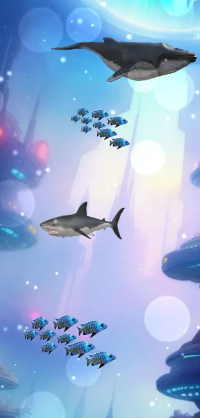 Futuristic ocean scene with sharks and vibrant fish.