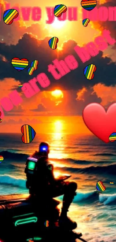 Futuristic wallpaper with ocean sunset and text for mom.