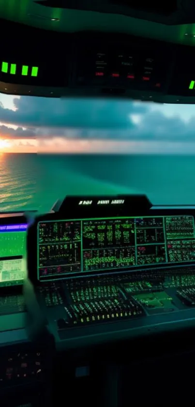 Futuristic cockpit overlooking ocean at sunset with a tech display.