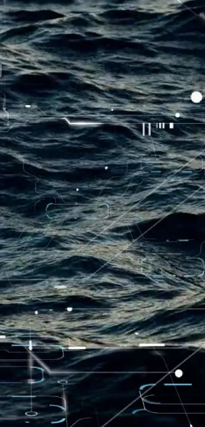 Futuristic ocean wave with digital lines.