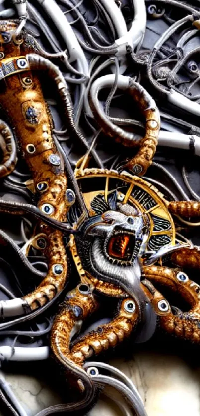 Futuristic octopus entangled with cables in detailed artwork.