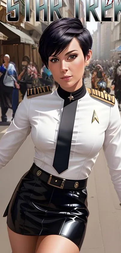 Futuristic officer in sleek outfit on a bustling street.