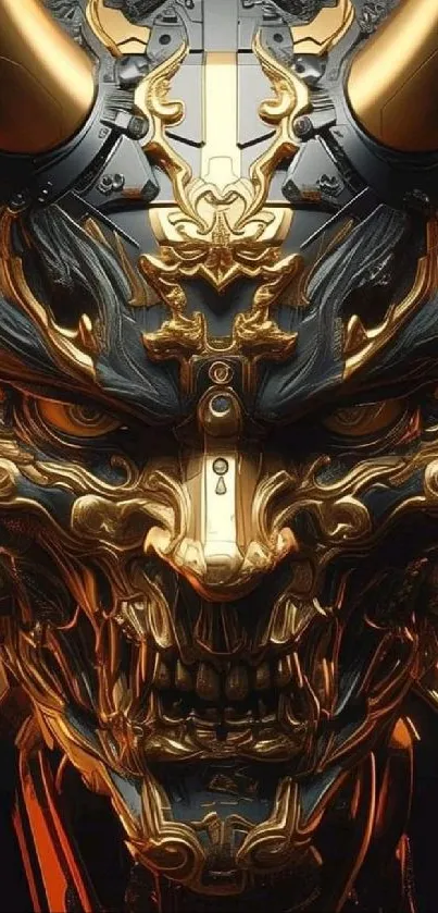 Futuristic oni mask with gold accents, mobile wallpaper.