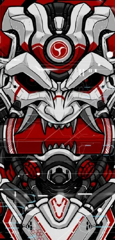 Futuristic Oni mask with red, black, and white design.