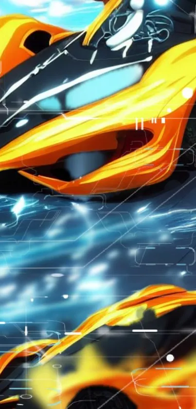 Futuristic orange sports car with dynamic motion effects.