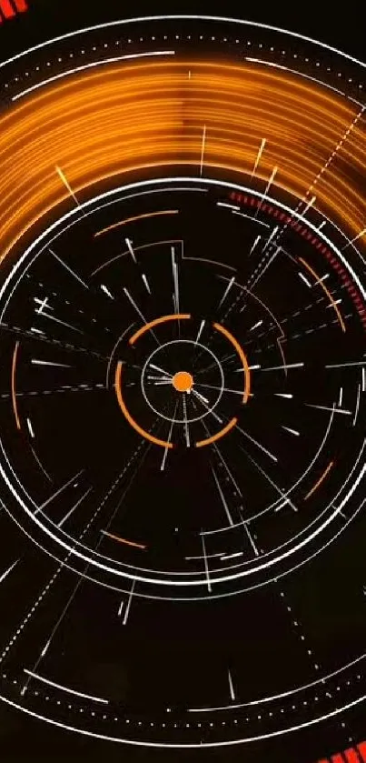 Futuristic orange and black circular pattern wallpaper.