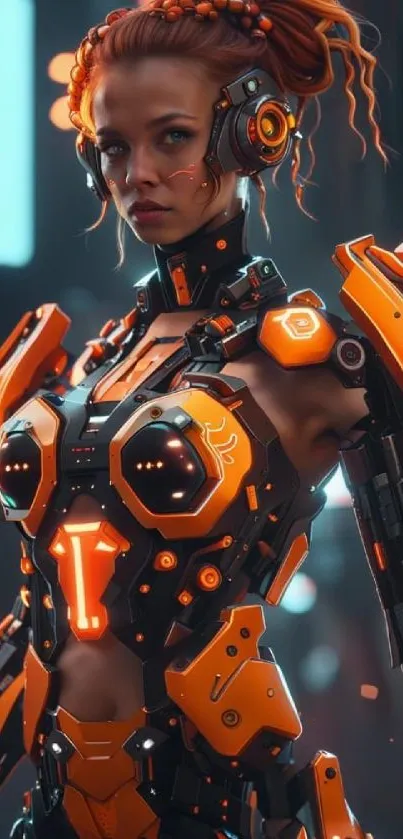 Futuristic cyberpunk android with neon orange armor in a digital landscape.
