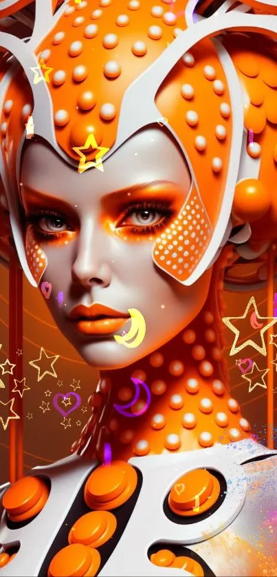 Futuristic artwork with orange and vibrant digital elements.