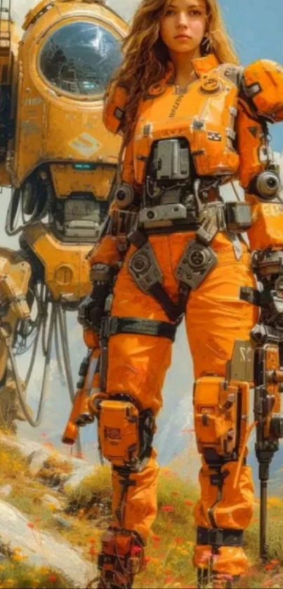 Futuristic orange suit and mech on a dynamic sci-fi wallpaper.