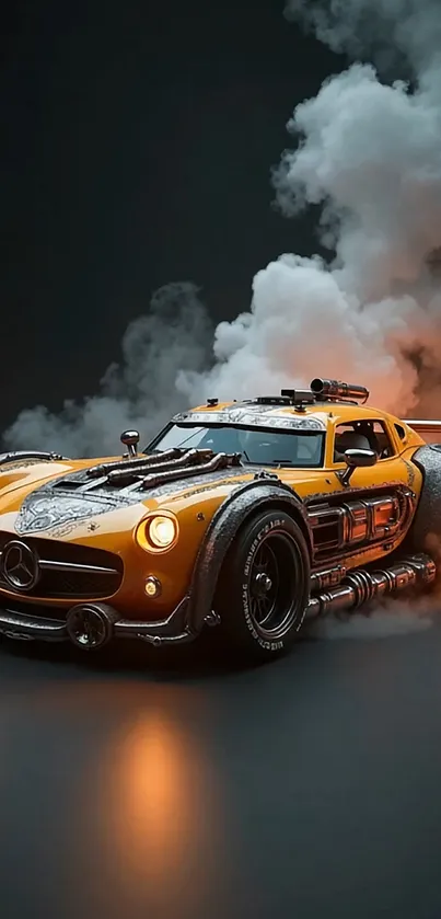 Futuristic orange race car with smoky backdrop.