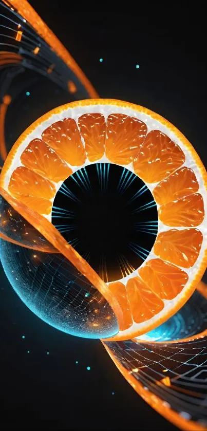 Futuristic orange slice with digital neon glow, ideal for tech wallpapers.