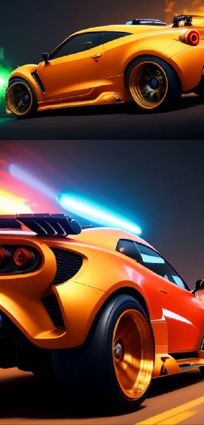 Futuristic orange sports car with neon lights and dynamic motion.