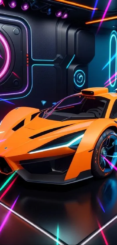 Futuristic orange supercar with neon lights in a vibrant digital setting.