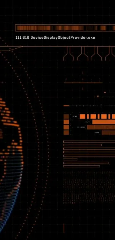 Futuristic wallpaper with orange tech design on black background.