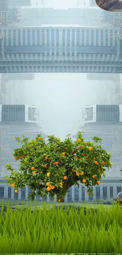 Futuristic cityscape wallpaper featuring an orange tree.