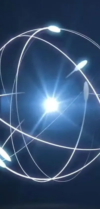 Futuristic glowing orb with dynamic lines on a dark blue background.