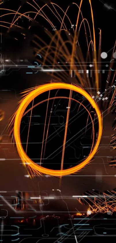 Futuristic wallpaper with glowing orange orb and sparks.