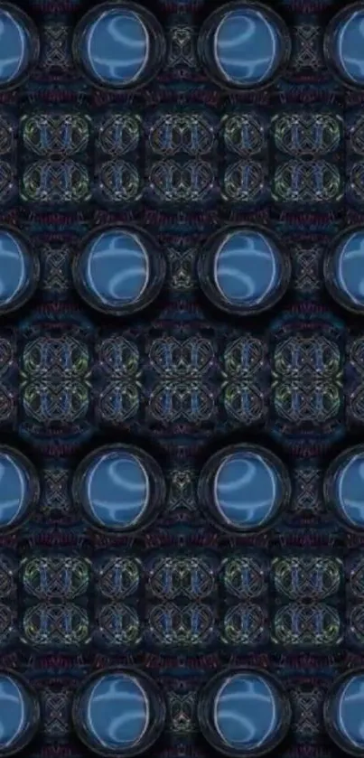 Futuristic digital wallpaper with blue orbs in an intricate pattern.