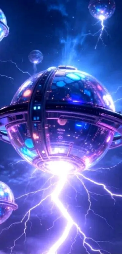 Futuristic glowing orbs with electric lightning.