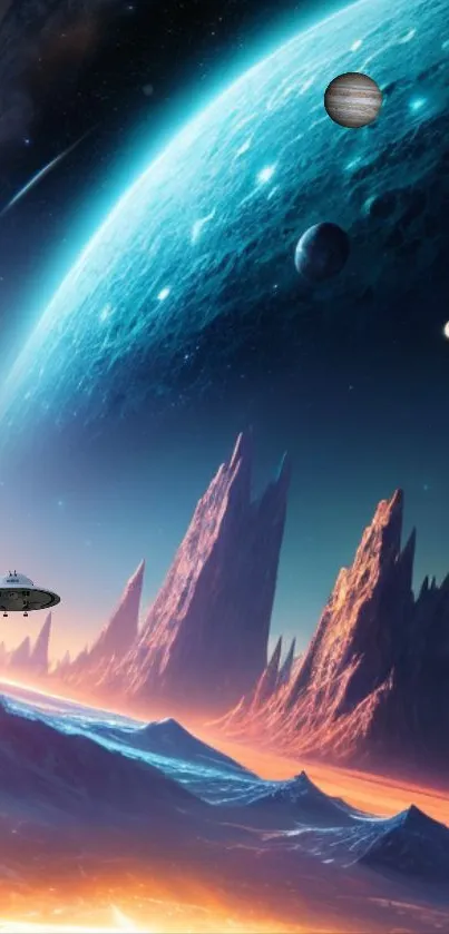 Futuristic outer space scene with planets and distant horizons.