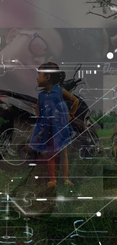 Futuristic overlay with child and motorcycle.