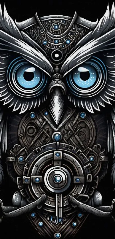 Futuristic mechanical owl illustration on black background.