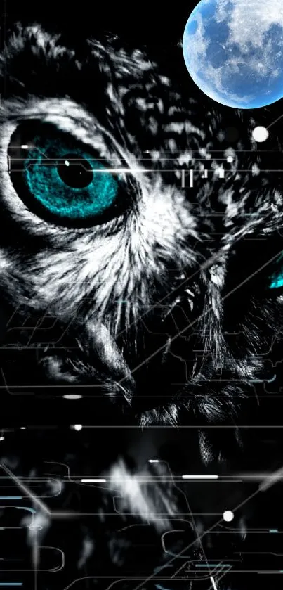 Futuristic owl with blue eyes beneath a glowing moon on a digital black background.