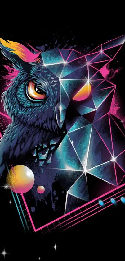 Futuristic owl with neon geometric design on a black background.
