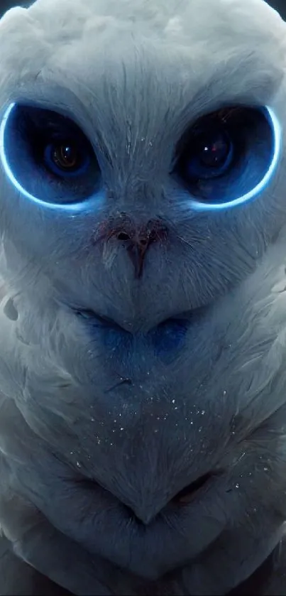 Futuristic owl with glowing blue eyes in a digital art style wallpaper.