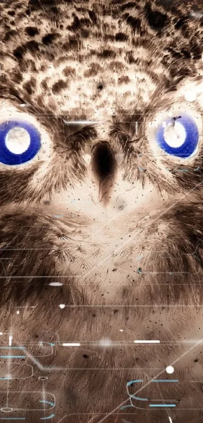 Futuristic owl wallpaper with blue eyes and digital design.