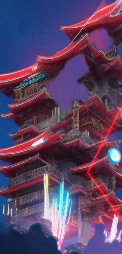 Futuristic pagoda with neon lights on a blue sky background.