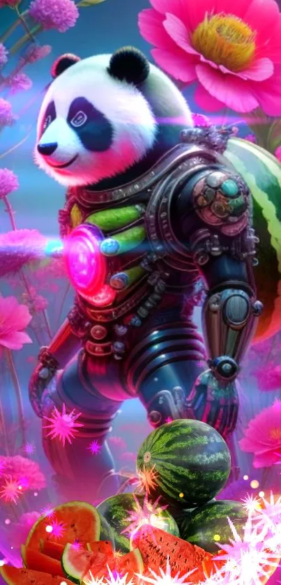 Futuristic panda in floral armor with vibrant colors.