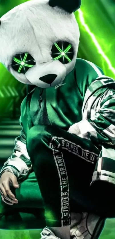 Futuristic panda with neon green effects on mobile wallpaper.