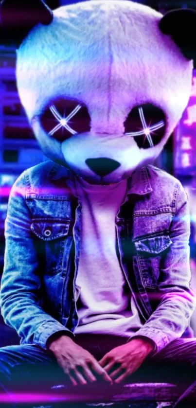 Futuristic panda wallpaper with neon accents and urban backdrop.