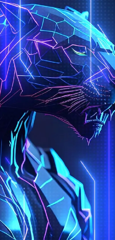 Futuristic cybernetic panther in neon lines on a dark canvas for mobile wallpaper.