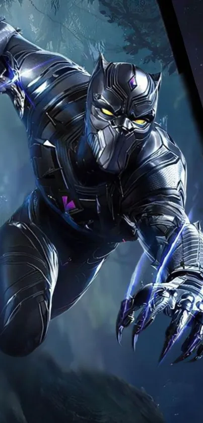 Futuristic panther character in sleek armor against a dark background.