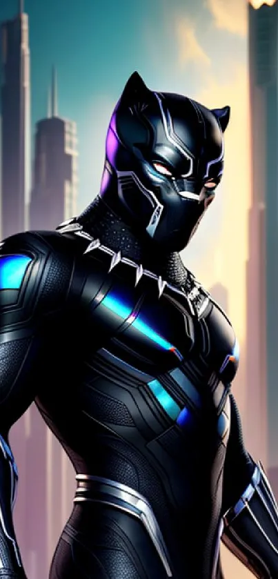 Futuristic panther-themed wallpaper with urban backdrop.