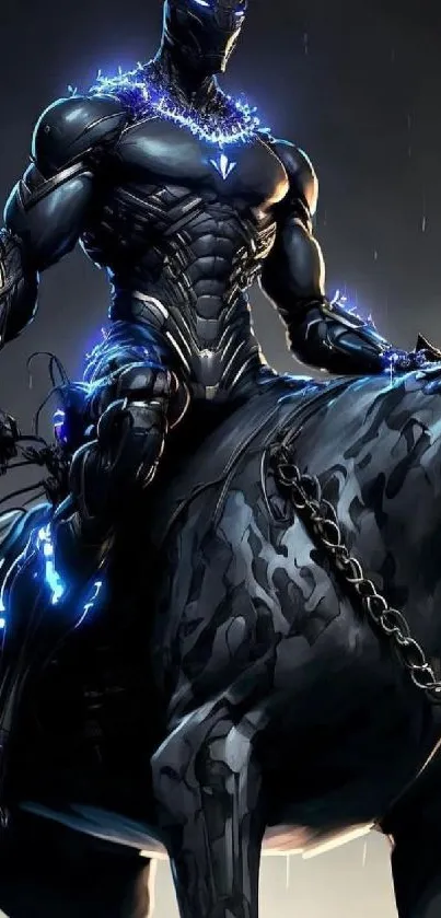 Black armored figure riding a panther with electric blue highlights.