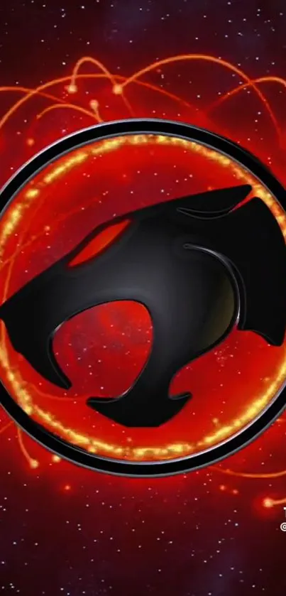 Futuristic panther logo with red glow on space-themed background.