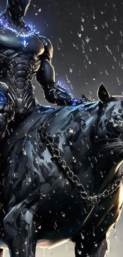 Futuristic warrior riding a panther in rain.