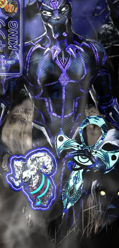 Futuristic panther warrior with neon accents in dark blue theme.