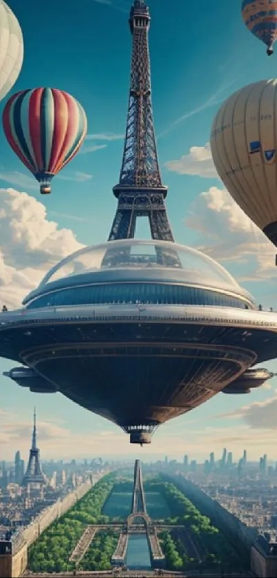 Futuristic Eiffel Tower with flying saucer and hot air balloons over Paris.